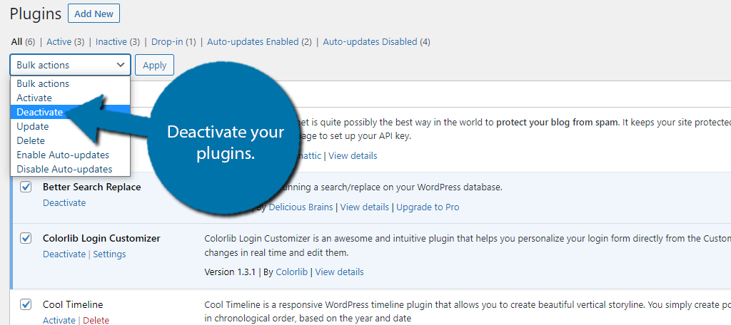 Deactivate plugins to fix the blank white screen error in WordPress