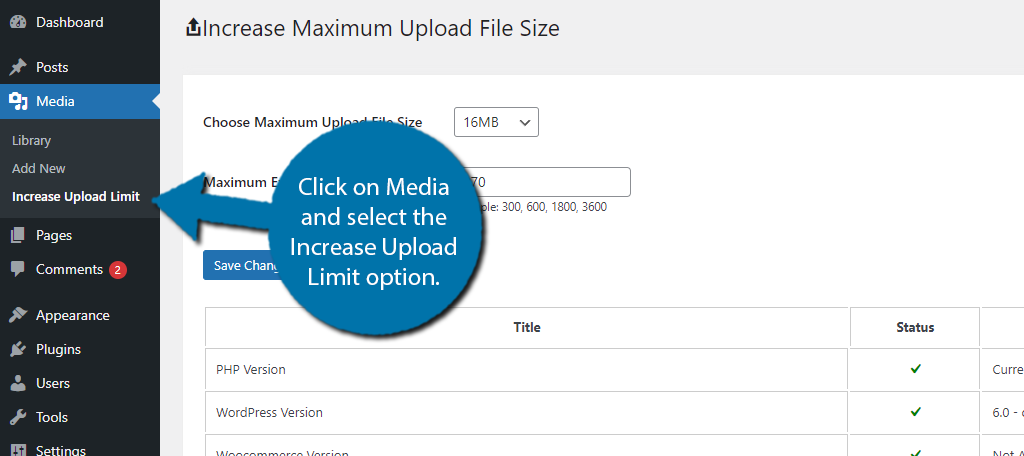 Click on the Increase Upload Limit option