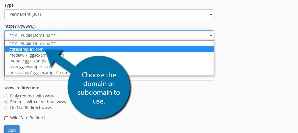 Choose a domain name to set up redirects for in WordPress