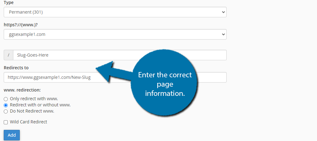 Enter the pages to be redirected from and to finish setting up redirects in WordPress