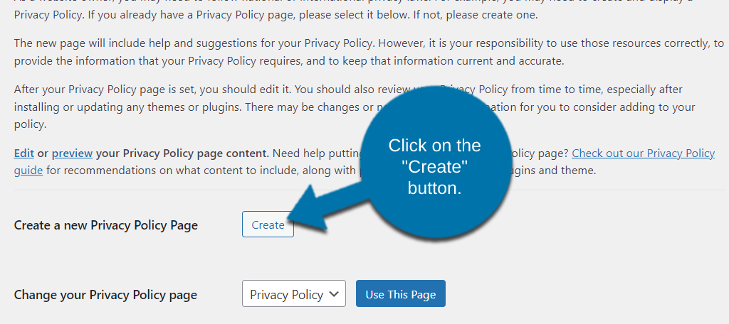 Click on the Crete button to generate a privacy policy in WordPress