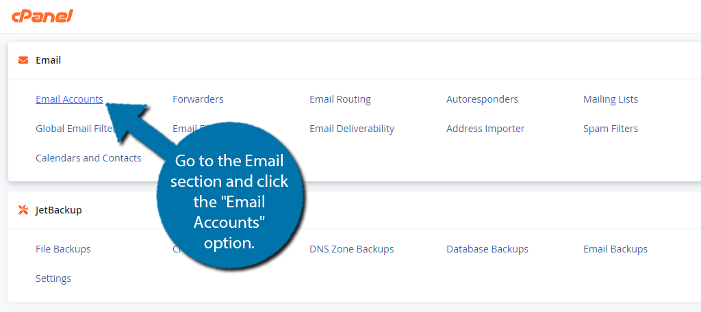 Select the Email Accounts option to change the password in cPanel