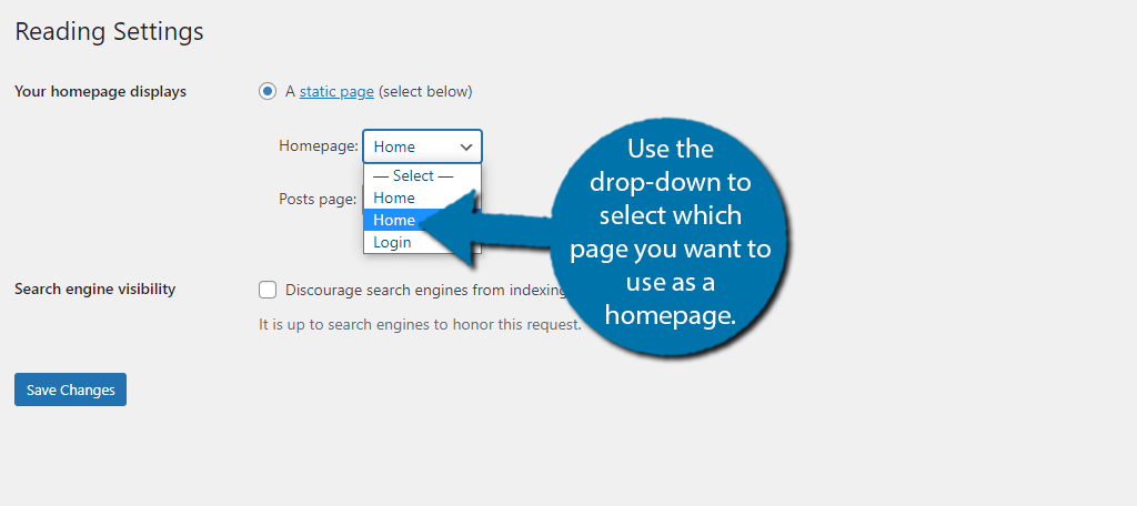 Select the homepage to disable the blog in WordPress