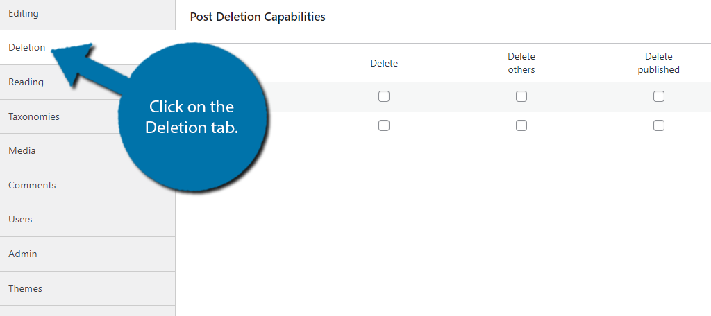 Click on the Deletion tab to customize what roles can delete posts