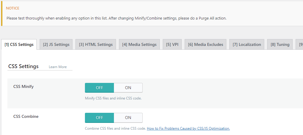 Page Optimization settings