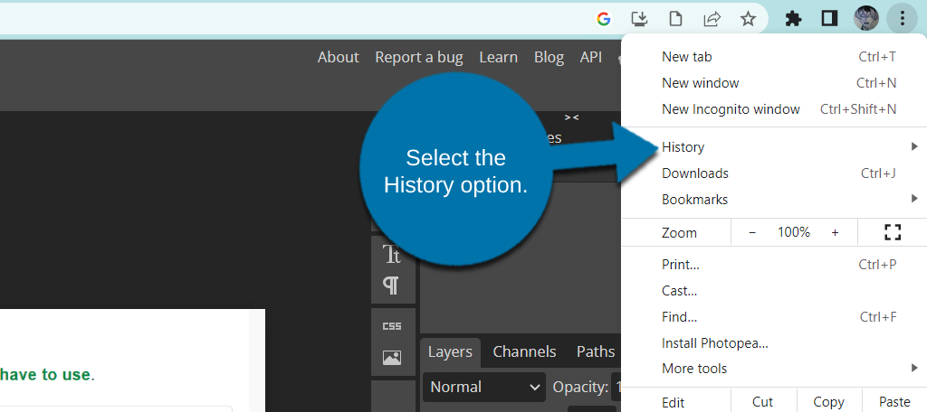 Select the History option