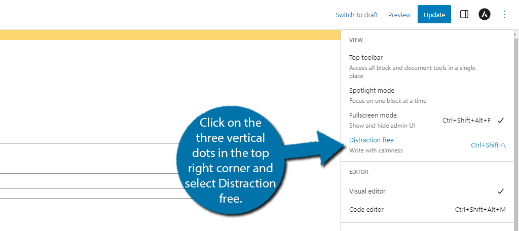 Distraction free is another type of full screen mode for WordPress