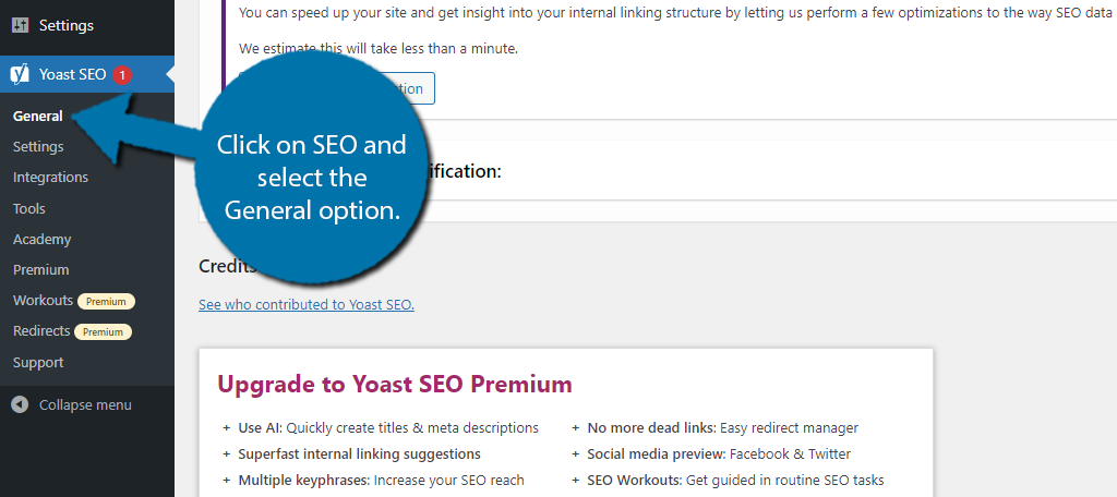 Click on the General option in Yoast SEO