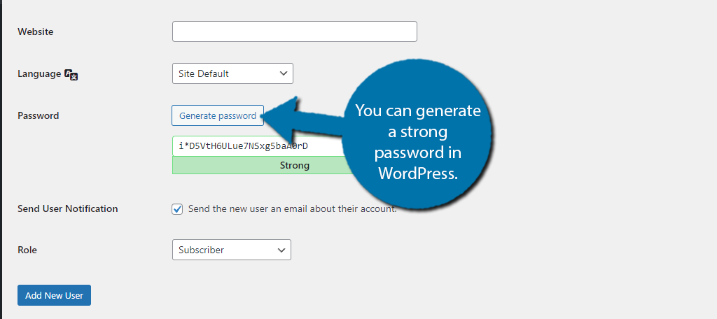 Generate a strong password in WordPress