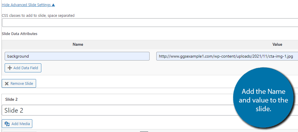 Name and Value field to add images as the background in your WordPress presentations