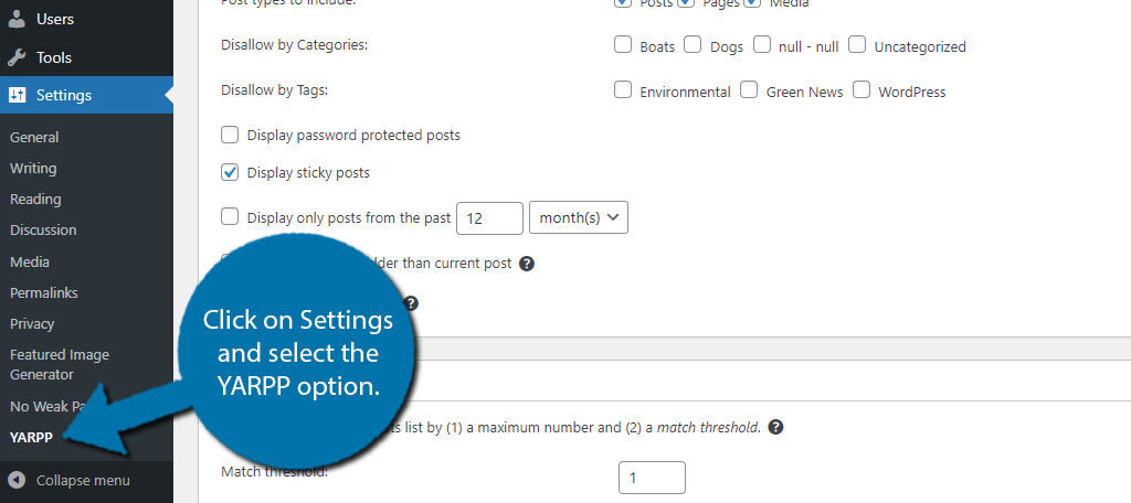 Click on the YARPP option to show related posts in WordPress