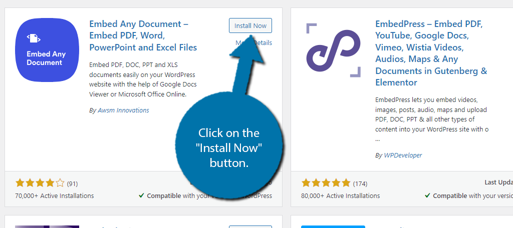 Install Embed Any Document to embed office documents in WordPress