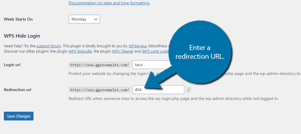 Enter the Redirection URL for WordPress login