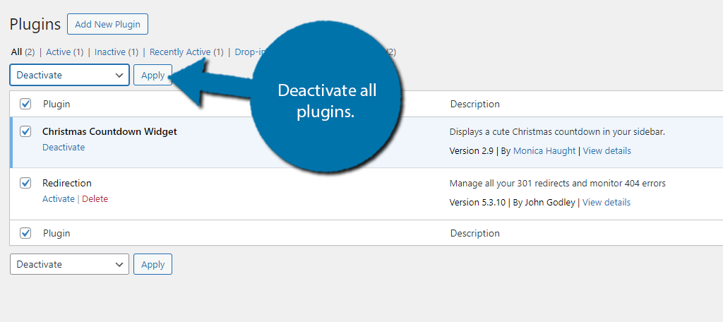 Deactivate plugins to Update WordPress