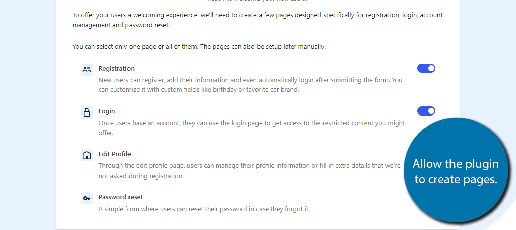 Create pages for WordPress user registration