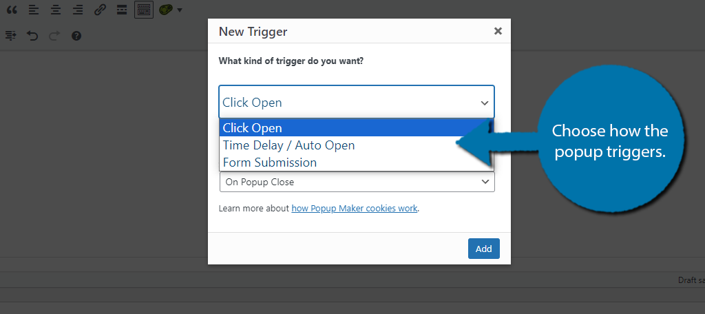 select a trigger for your popup contact form in WordPress