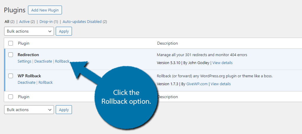Click on the rollback option to undo an update in WordPress
