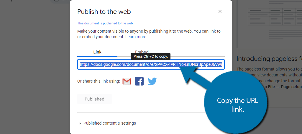 Copy URL Link to embed Google Docs in WordPress