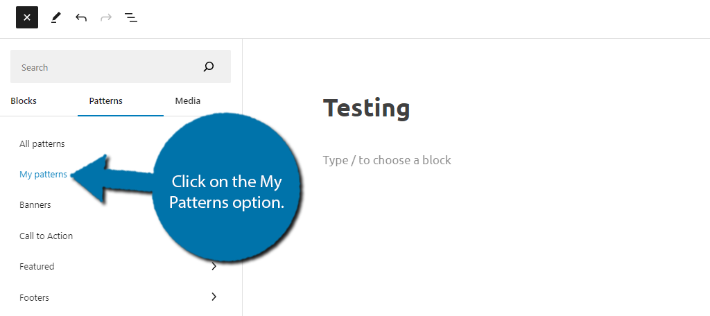 Select your content patterns in WordPress