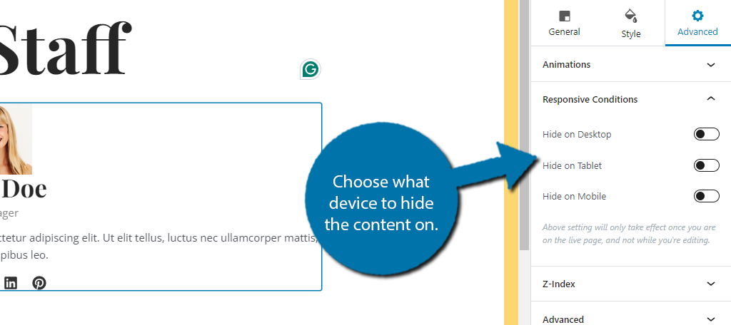 Hide Content with Spectra on WordPress