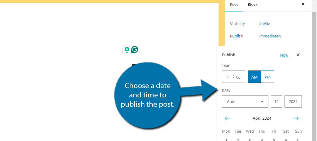 Choose what time and date to publish the new post in WordPress